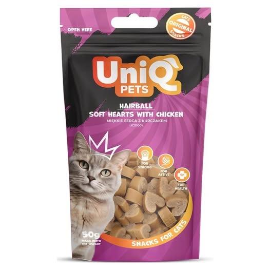 Uniq 50gr Λιχουδιά για Γάτες για Τριχόμπαλες Μαλακές Καρδιές με Κοτόπουλο